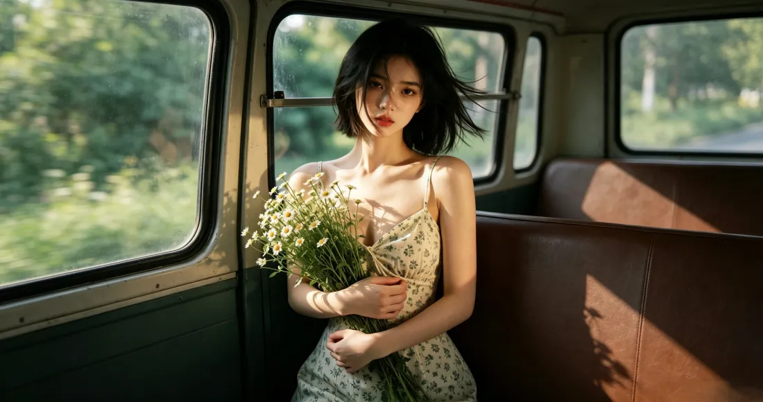3k车内短发少女｜复古胶片背景图片 - 吊带碎花裙抱花氛围感人像「哲风壁纸」