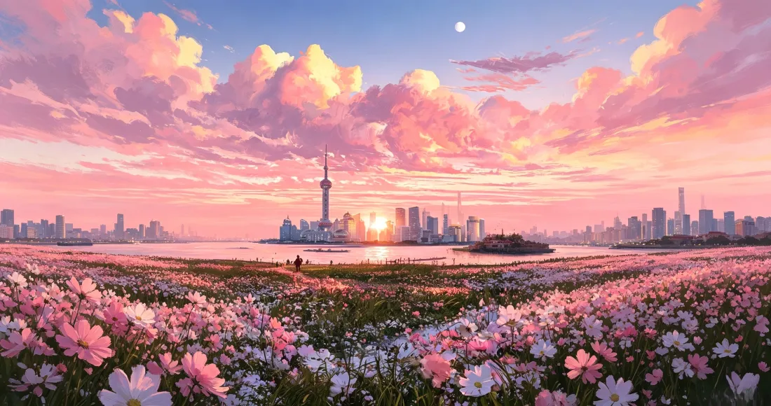 3k上海东方明珠壁纸｜花田黄昏背景图片 - 江畔粉云城市插画「哲风壁纸」