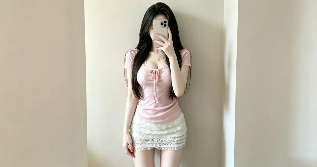 3k粉衣短裙美女壁纸｜居家对镜自拍背景图片 - 好身材「哲风壁纸」