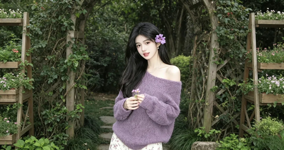 3k紫衣美女壁纸｜花园背景图片 - 清新温柔氛围感「哲风壁纸」