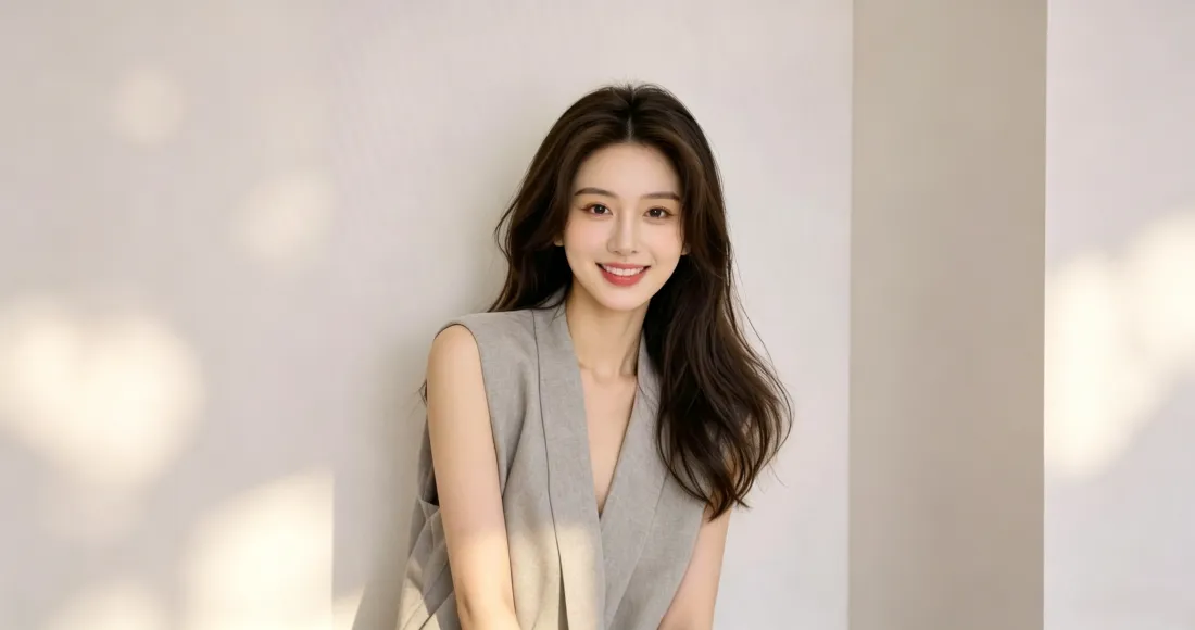 3k温柔长发美女壁纸｜浅灰无袖穿搭背景图片 - 治愈光影人像「哲风壁纸」
