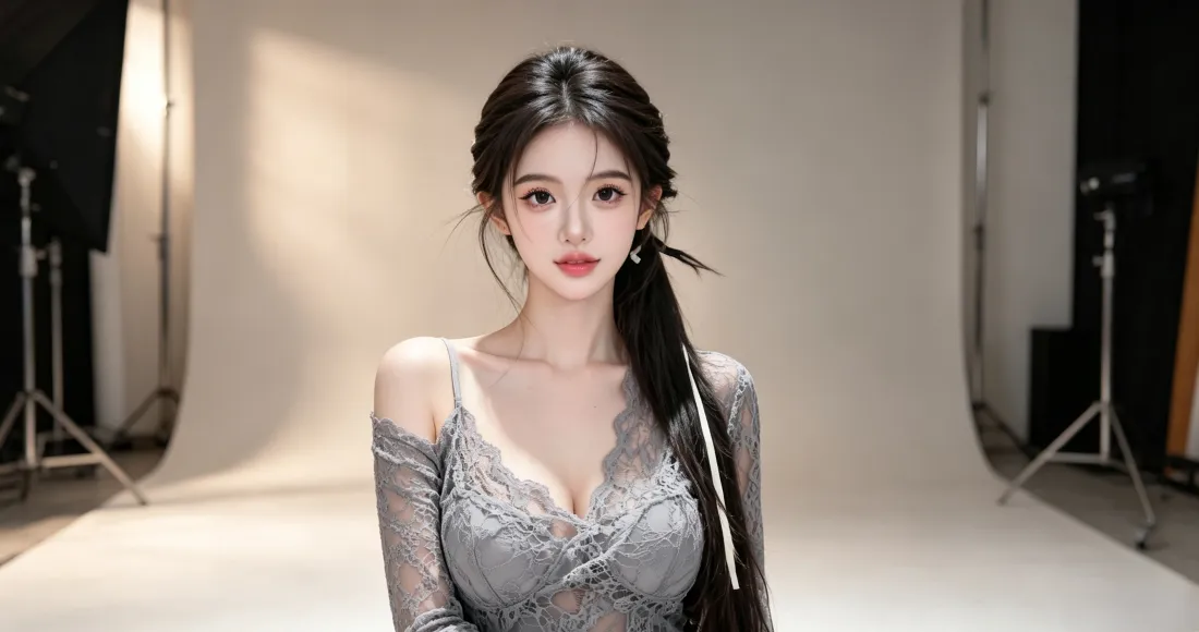 3k银灰礼服美女壁纸｜棚拍写真背景图片 - 冷艳长发造型「哲风壁纸」