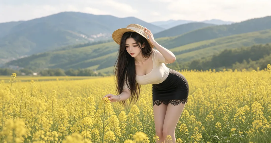 3k油菜花田美女壁纸｜户外山景背景图片 - 草帽清新写真「哲风壁纸」