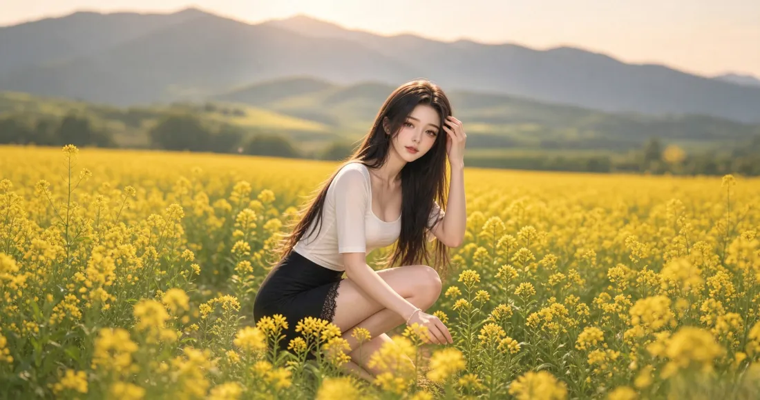 3k油菜花田美女壁纸｜黄昏山野花田背景图片 - 长发少女清新写真「哲风壁纸」