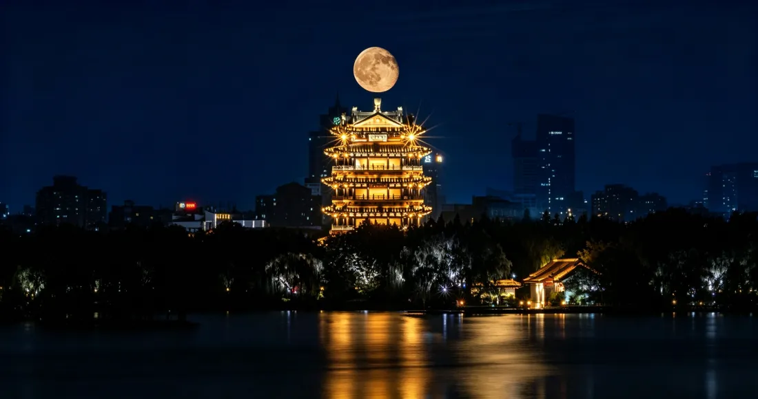 3k贵阳甲秀楼壁纸｜南明河圆月夜景 - 古建灯火水中倒影「哲风壁纸」