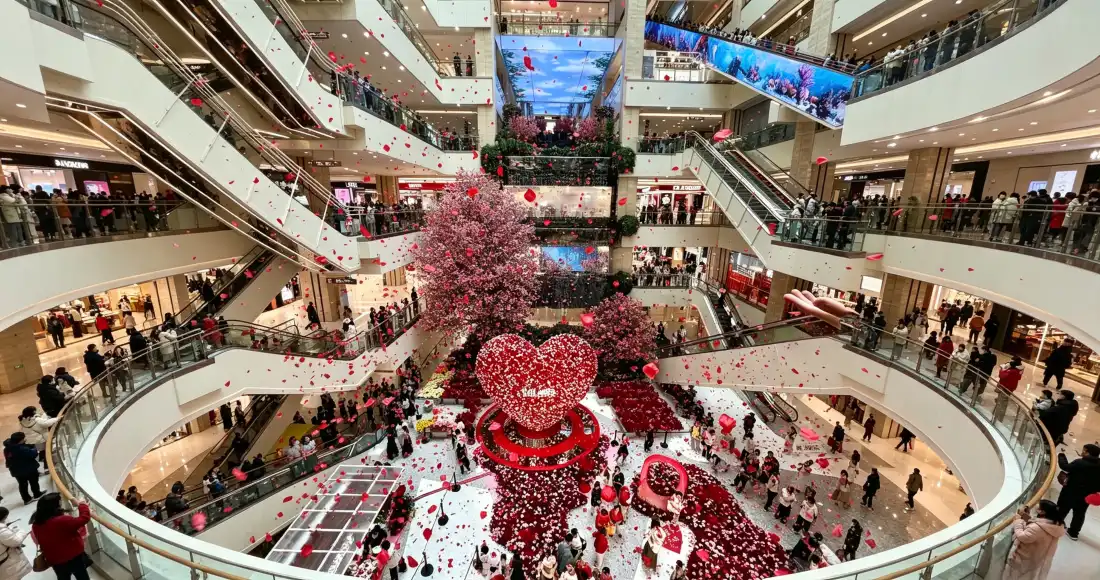 3k赛格国际购物中心｜爱心花树中庭 - 情人节浪漫商场背景图片「哲风壁纸」