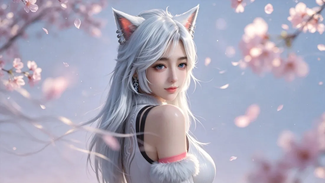 3k银月壁纸｜凡人修仙传背景图片 - 白发狐耳樱花少女「哲风壁纸」
