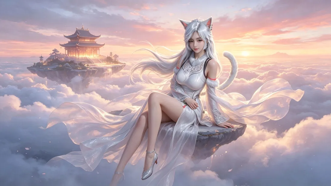 3k银月壁纸｜云海仙宫背景图片 - 白发狐耳少女「哲风壁纸」