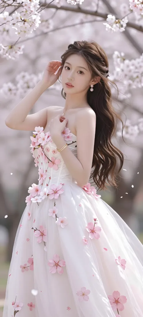 樱花白纱美女手机壁纸｜春日写真背景图片 - 粉花长裙浪漫氛围「哲风壁纸」