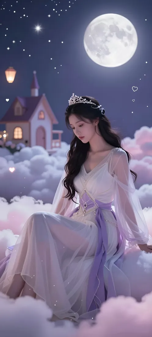 云端公主少女手机壁纸｜梦幻星月背景图片 - 紫纱裙童话风「哲风壁纸」