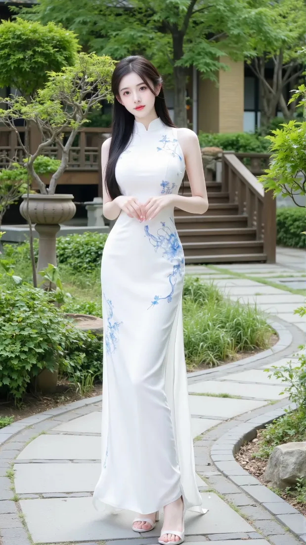 白旗袍美女手机壁纸｜中式庭院背景图片 - 青花瓷长裙「哲风壁纸」