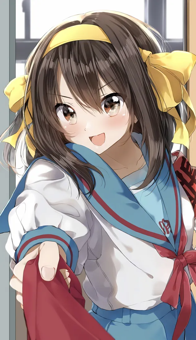 凉宫春日手机壁纸｜水手服少女背景图片 - 元气笑脸校园插画「哲风壁纸」