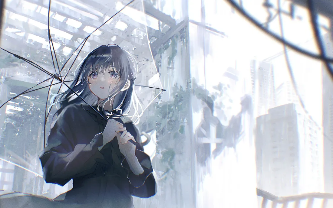 3k黑发动漫少女｜雨中透明伞背景图片 - 冷调城市街景「哲风壁纸」