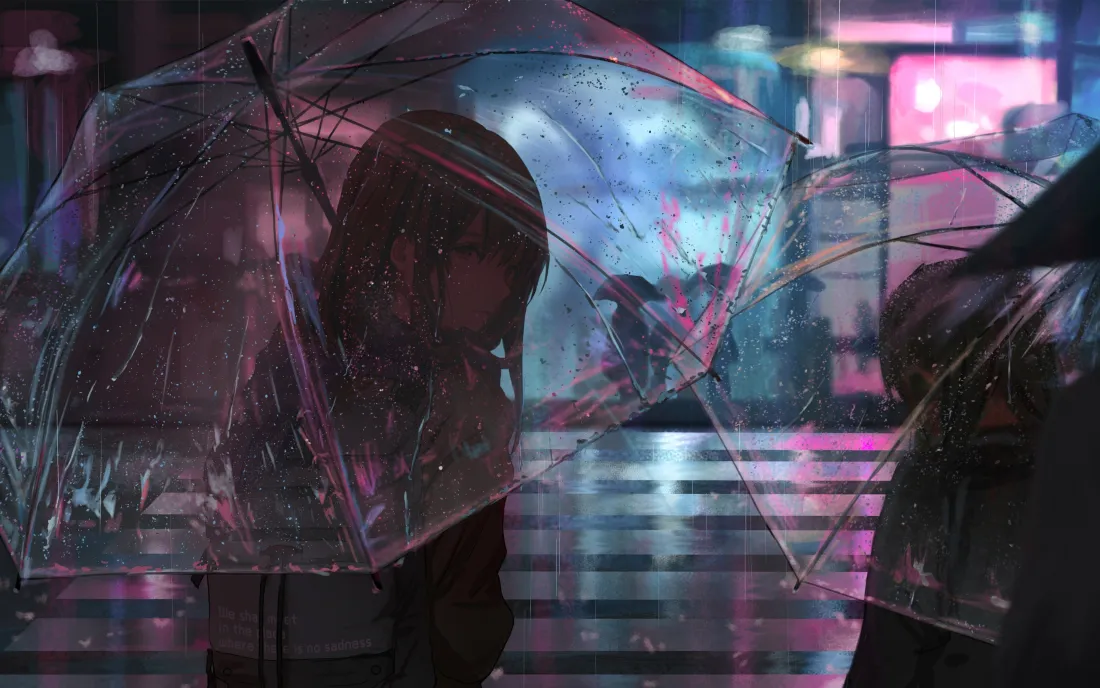 3k雨天少女｜赛博霓虹背景图片 - 透明雨伞城市街道「哲风壁纸」