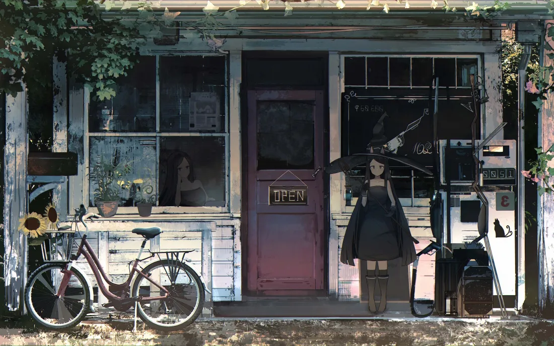 3k魔女少女｜街角小店背景图片 - 黑裙自行车日系插画「哲风壁纸」