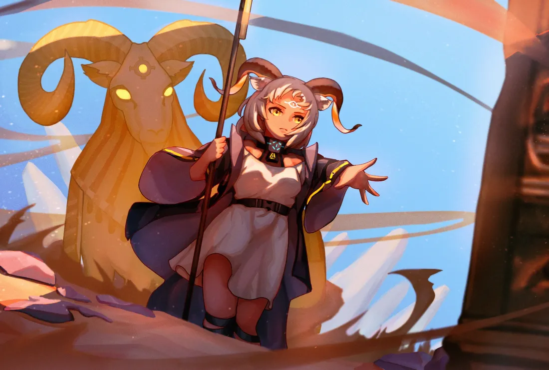 2k羊角少女壁纸｜背景图片 - 羊神法杖奇幻插画「哲风壁纸」