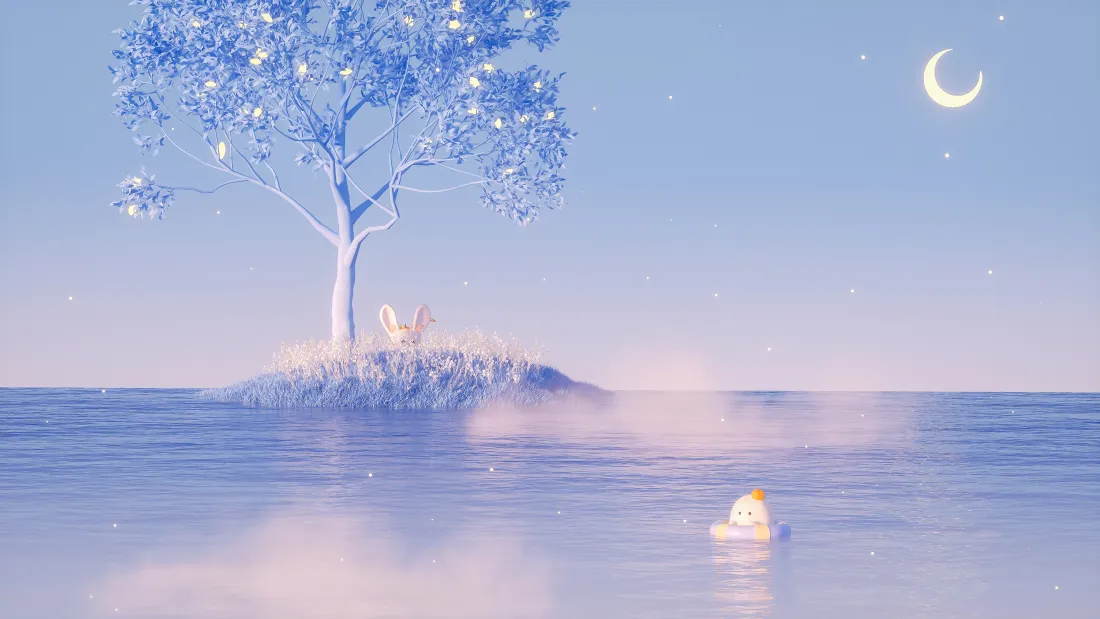 4k蓝调海岛月夜壁纸｜背景图片 - 治愈插画水中小船弯月风景「哲风壁纸」