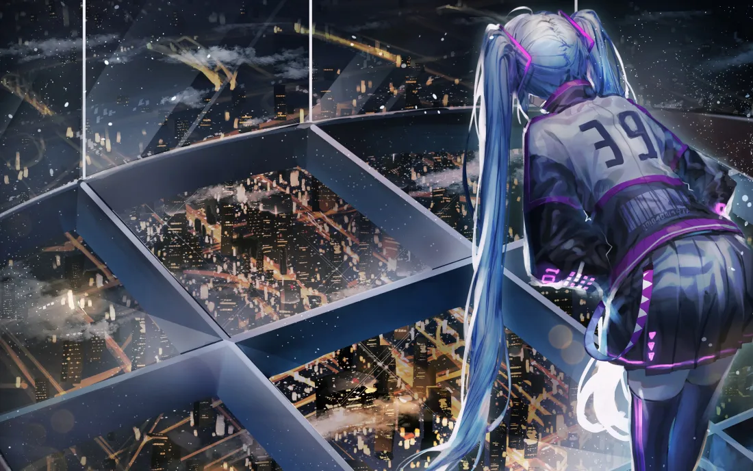 3k初音未来壁纸｜城市夜景背景图片 - 蓝发双马尾背影「哲风壁纸」