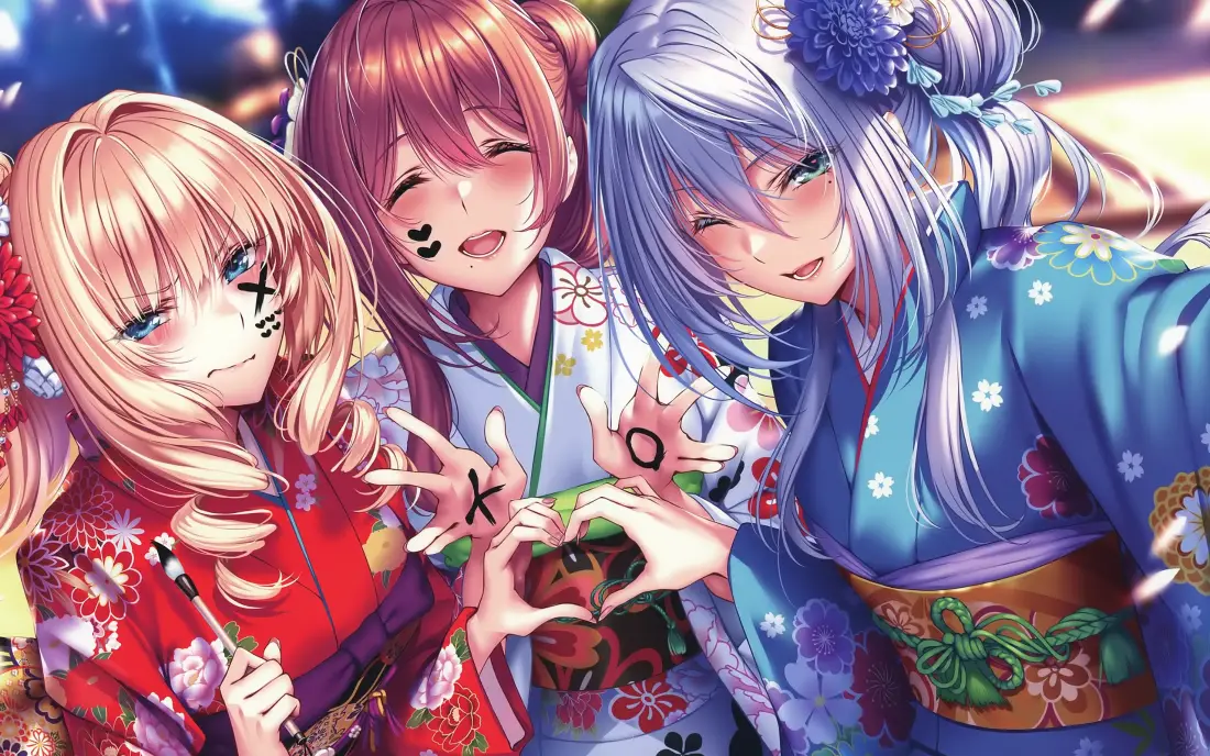 3k和服少女三人组｜二次元背景图片 - 日式祭典比心「哲风壁纸」