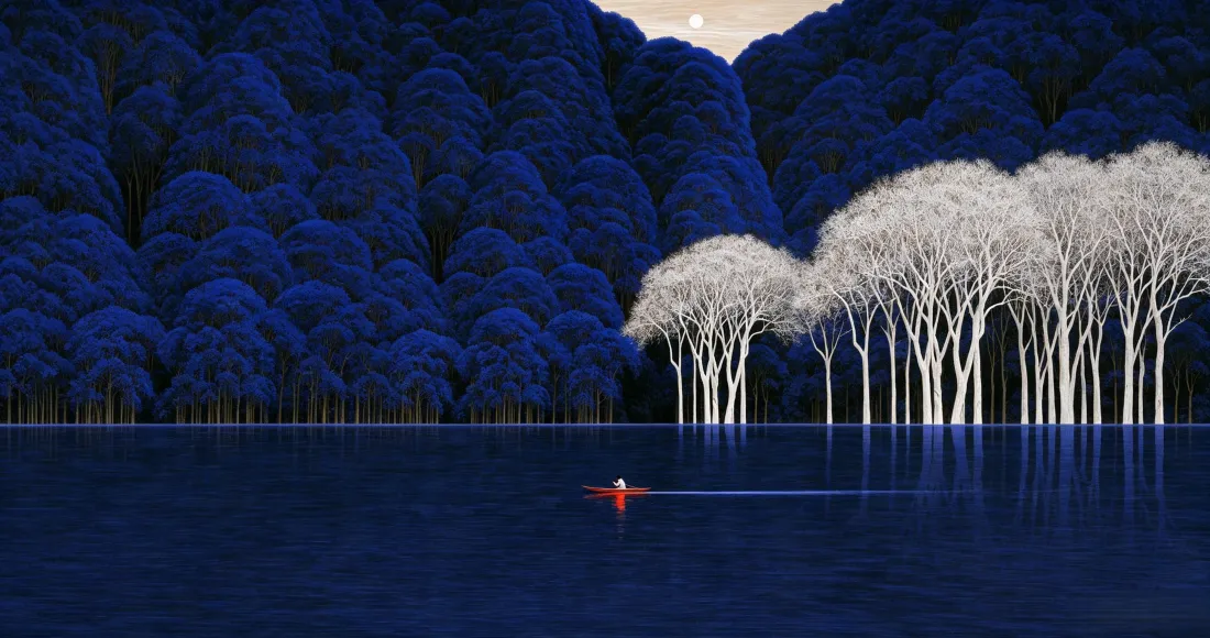 3k深蓝夜湖白树林｜静谧湖景背景图片 - 月夜森林红衣小船插画「哲风壁纸」