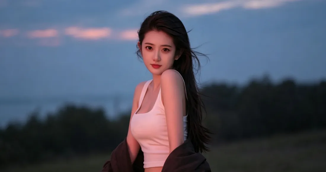 3k长发美女壁纸｜背景图片 - 黄昏户外粉背心氛围感写真「哲风壁纸」