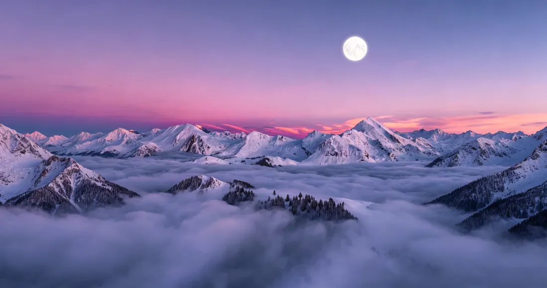 3k雪山月夜壁纸｜背景图片 - 云海粉紫黄昏「哲风壁纸」
