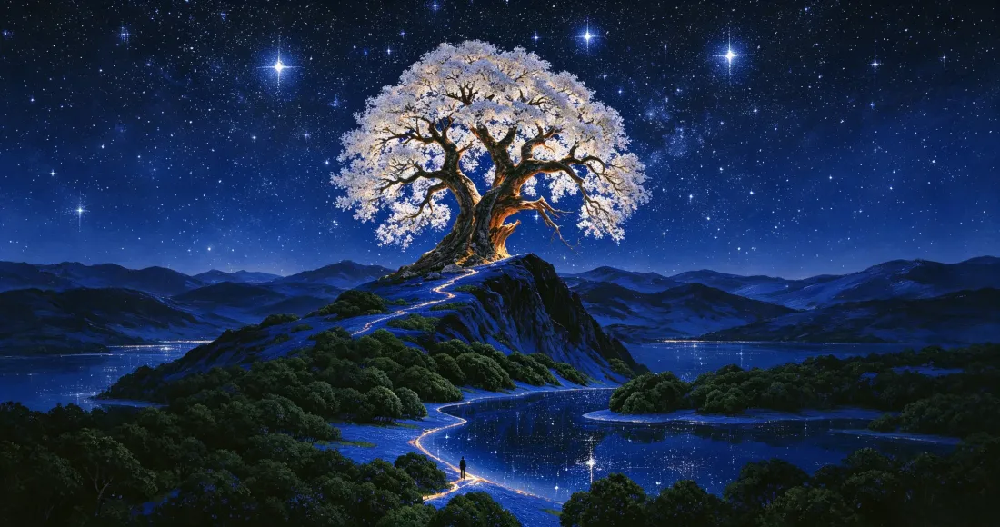 3k星空巨树｜梦幻风景背景图片 - 蓝夜山巅花树河流「哲风壁纸」