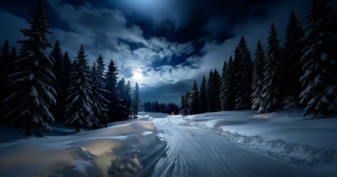 3k雪林月夜壁纸｜雪地公路背景图片 - 冷调夜景「哲风壁纸」