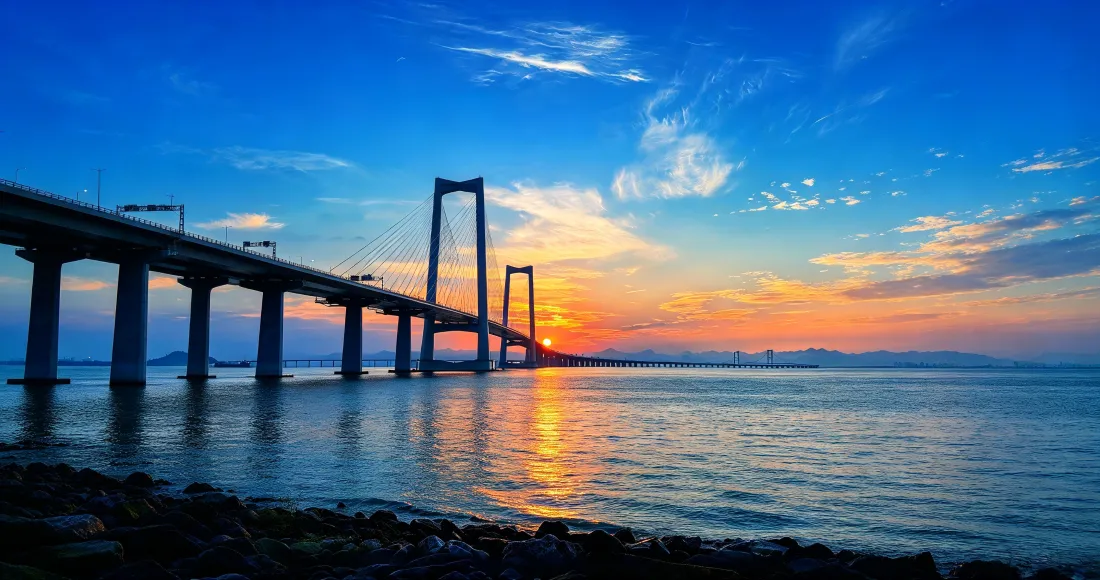 3k跨海大桥壁纸｜背景图片 - 海上日落黄昏剪影「哲风壁纸」