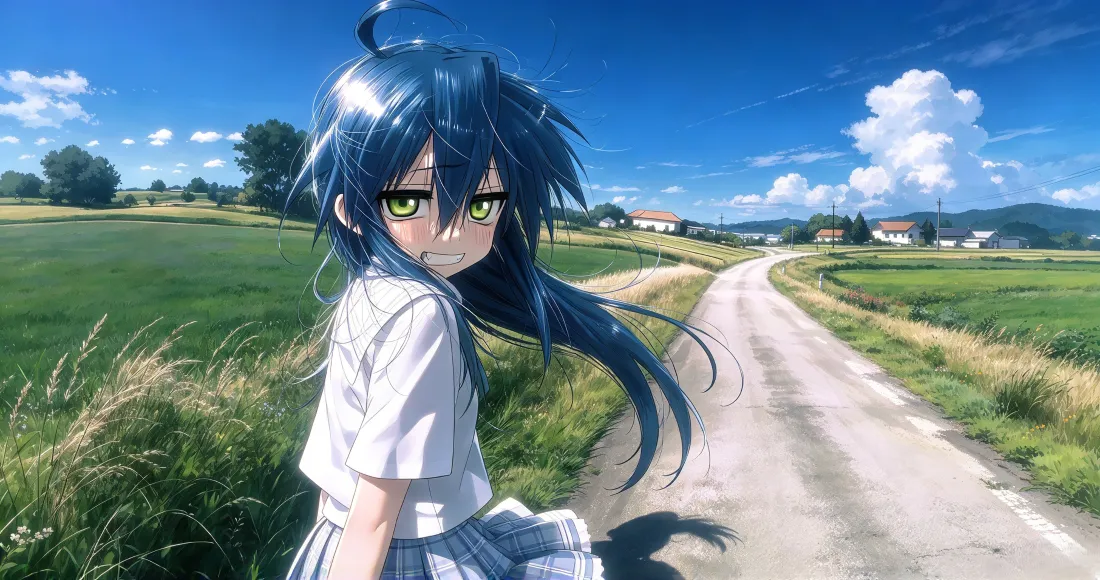 3k泉此方壁纸｜乡间公路背景图片 - 蓝天白云田野少女「哲风壁纸」
