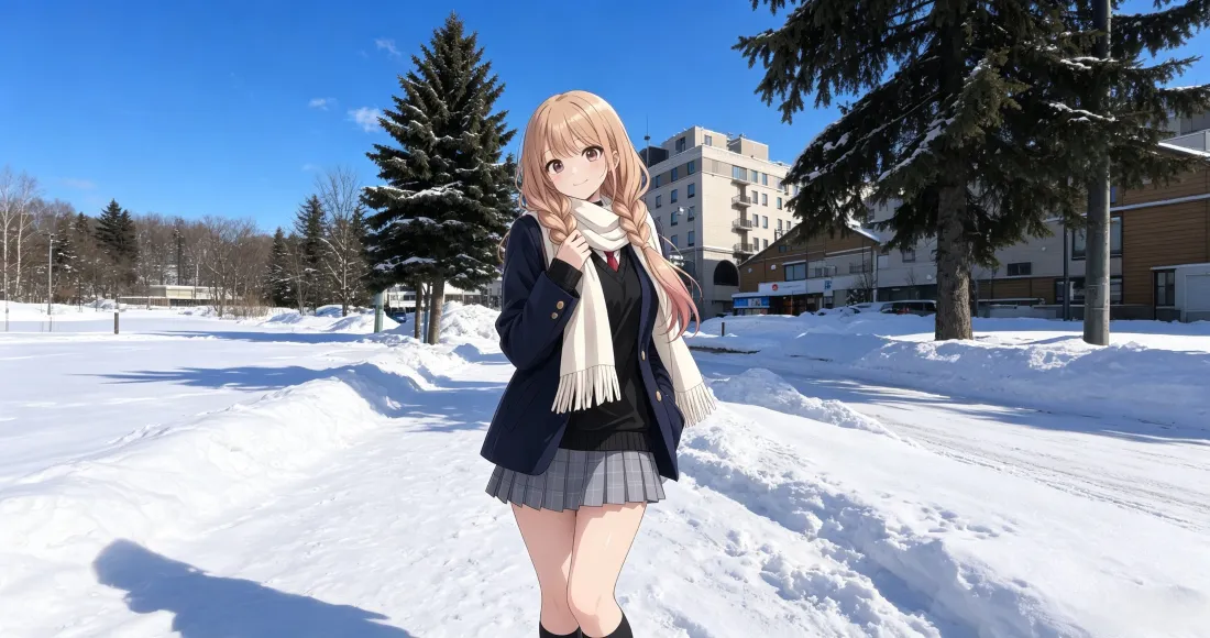 3k二次元少女壁纸｜雪地背景图片 - 白围巾制服冬日「哲风壁纸」