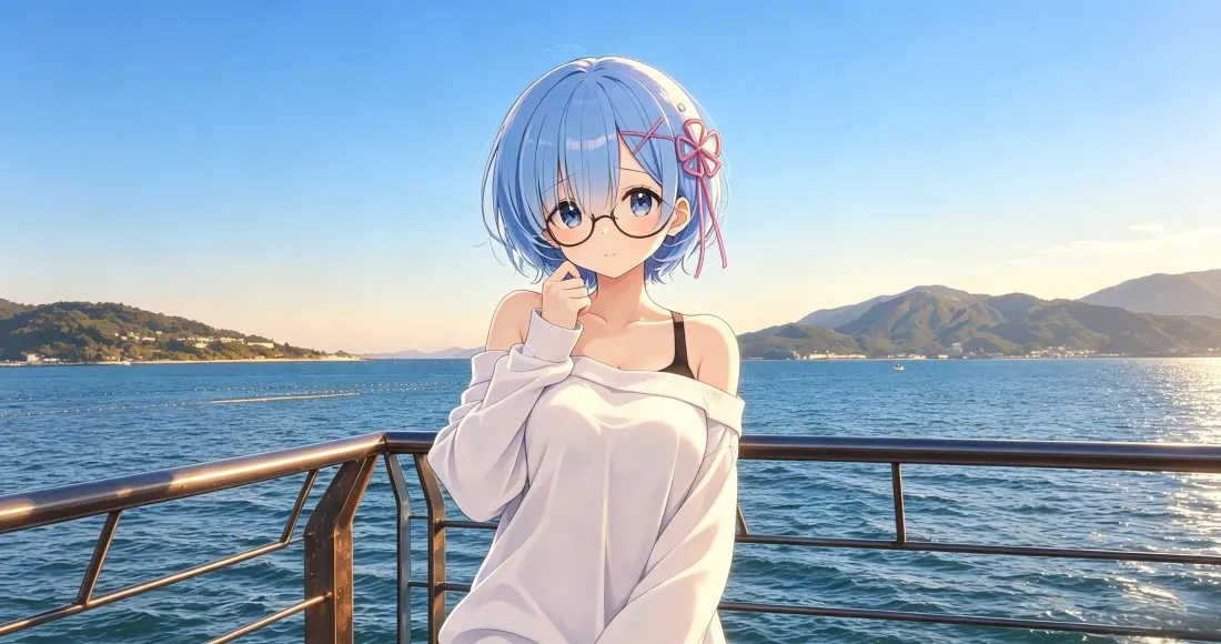 3k蓝发眼镜少女壁纸｜海边背景图片 - 二次元动漫「哲风壁纸」