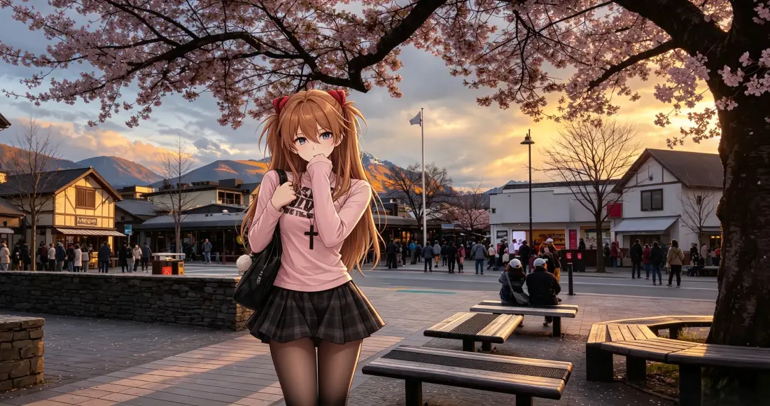 3k明日香壁纸｜樱花小镇黄昏背景图片 - 橙发双马尾私服少女「哲风壁纸」