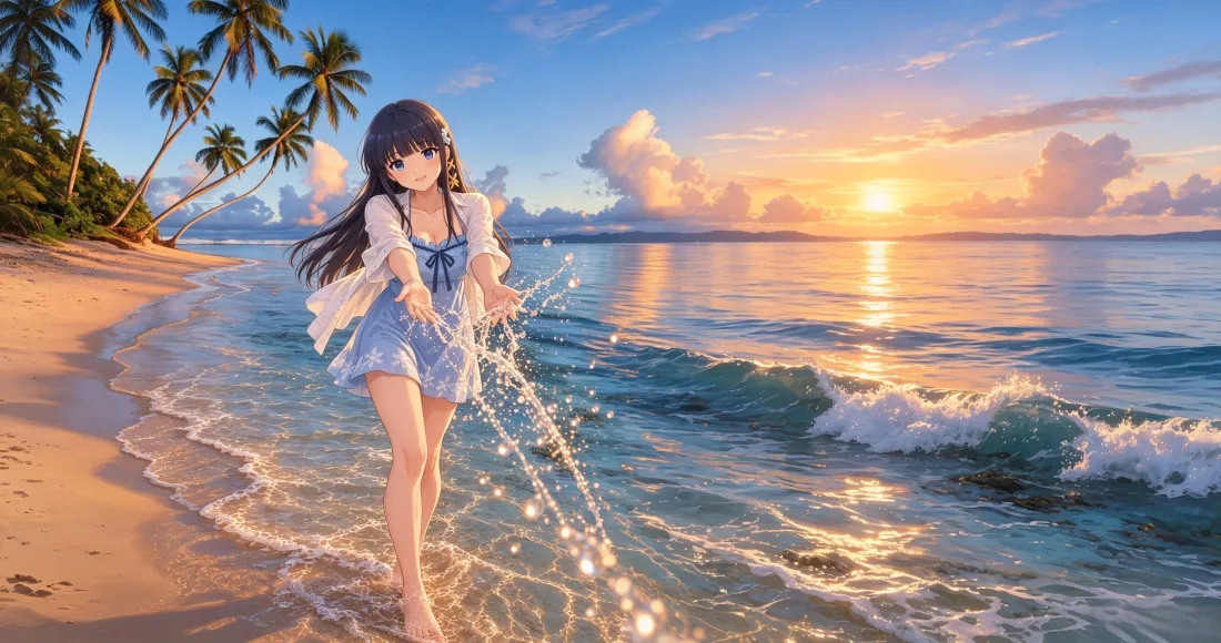 3k二次元少女壁纸｜海边背景图片 - 夕阳沙滩玩水「哲风壁纸」
