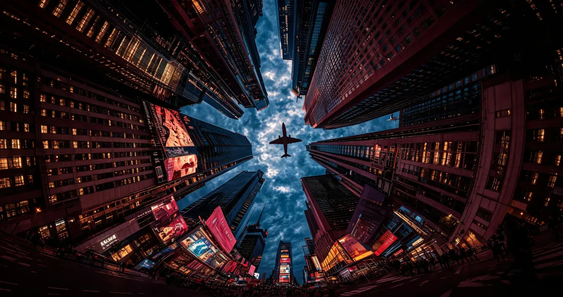 3k摩天高楼夜景｜仰拍城市背景图片 - 飞机穿越楼群「哲风壁纸」