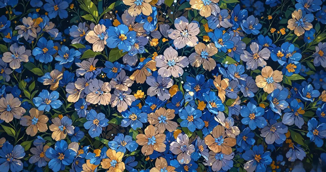 3k蓝金色繁花壁纸｜油画花卉背景图片 - 密集花丛「哲风壁纸」