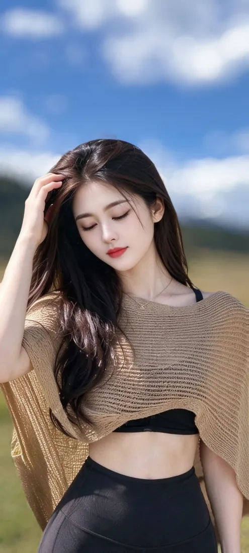 长发美女手机壁纸｜户外蓝天背景图片 - 卡其色披肩运动穿搭「哲风壁纸」