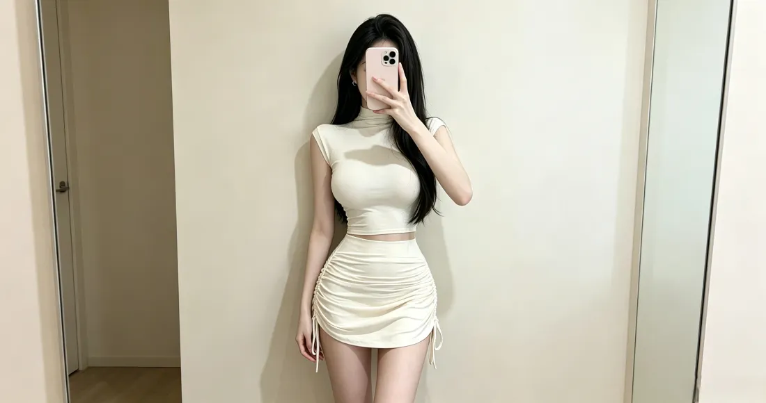 3k白衣美女壁纸｜室内对镜自拍背景图片 - 纯欲修身包臀裙「哲风壁纸」