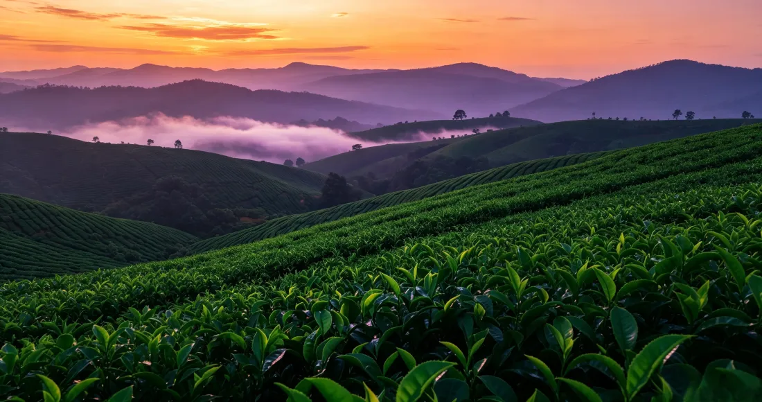3k山间茶园壁纸｜日出晨雾背景图片 - 翠绿茶山自然风光「哲风壁纸」