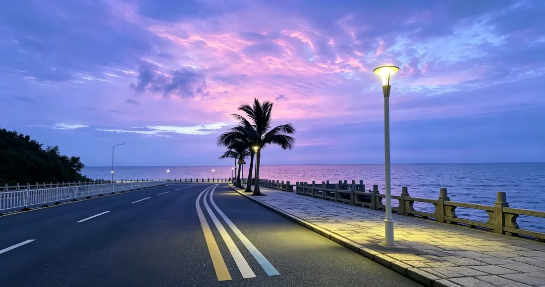 3k海滨公路壁纸｜黄昏暮色背景图片 - 椰树路灯晚霞海景「哲风壁纸」