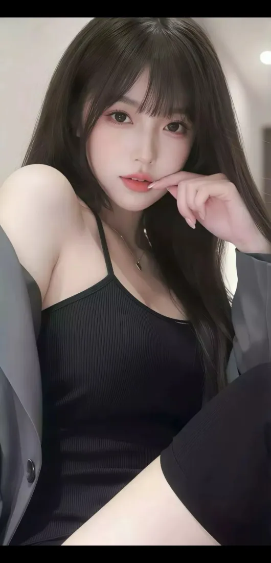 黑长直甜酷少女手机壁纸｜黑色吊带背景图片 - 室内自拍「哲风壁纸」