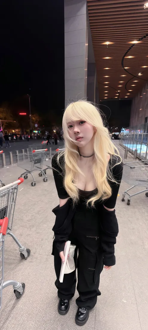 金发黑衣美女手机壁纸｜夜景街拍背景图片 - 酷飒穿搭「哲风壁纸」