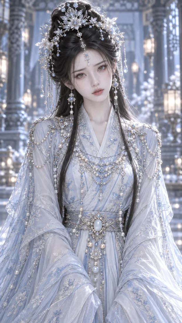 古风白衣女子手机壁纸｜背景图片 - 银饰汉服清冷雪景「哲风壁纸」