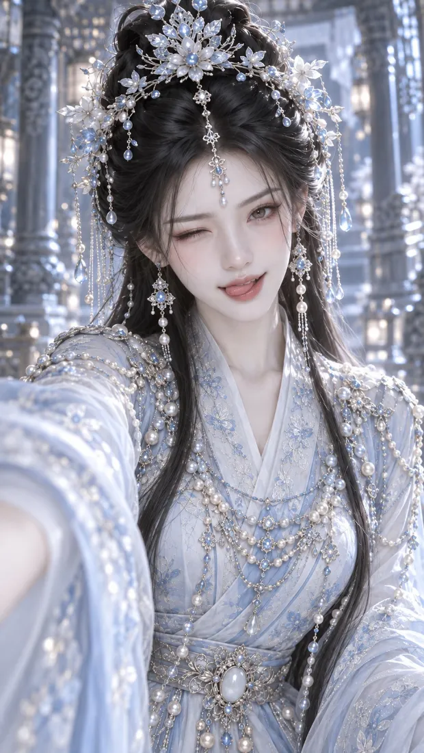古风汉服美女手机壁纸｜银白发饰背景图片 - 眨眼浅笑「哲风壁纸」