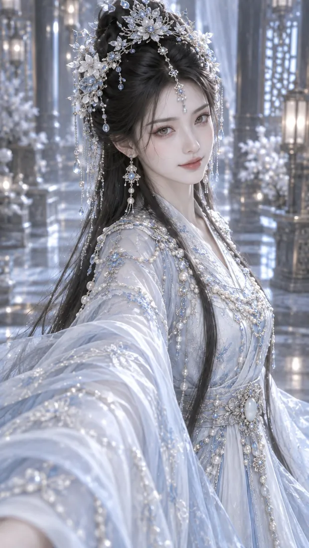 古风银发簪美女手机壁纸｜蓝白汉服背景图片 - 清冷仙气流光宫殿「哲风壁纸」