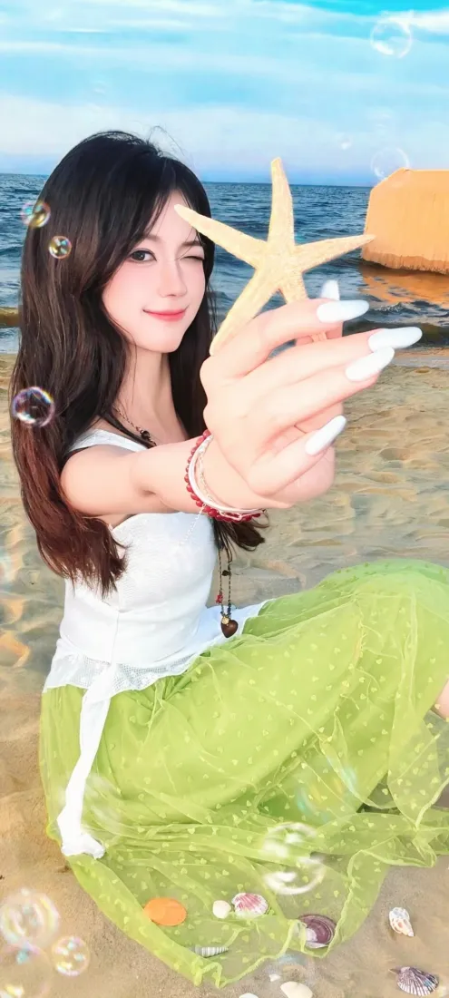 海边美女手机壁纸｜夏日沙滩背景图片 - 海星绿裙清新写真「哲风壁纸」