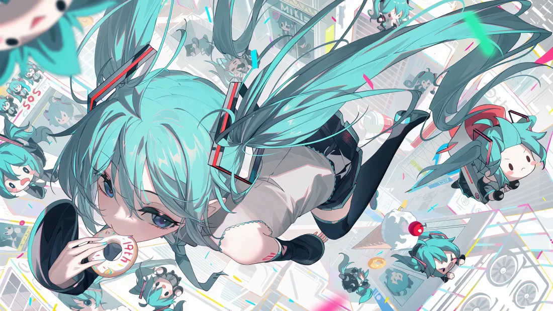 3k初音未来壁纸｜背景图片 - Q版初音围绕甜甜圈少女插画「哲风壁纸」