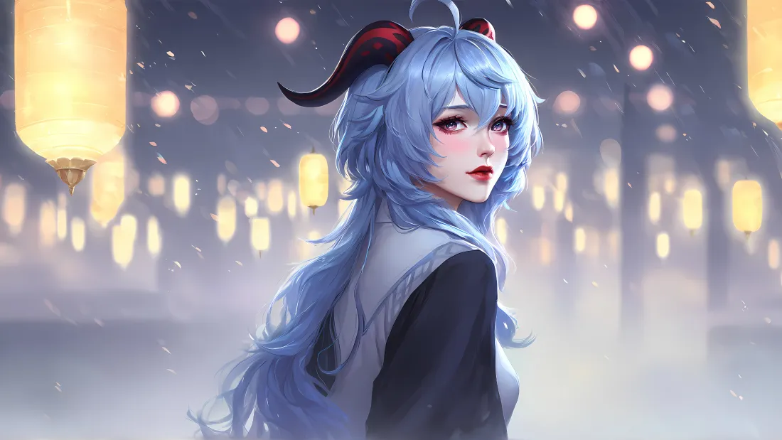 4k甘雨壁纸｜原神背景图片 - 蓝发麒麟角少女灯笼夜景「哲风壁纸」