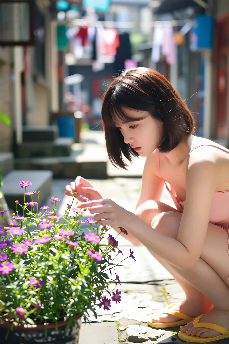 短发少女手机壁纸｜街边花簇背景图片 - 夏日清新人像「哲风壁纸」