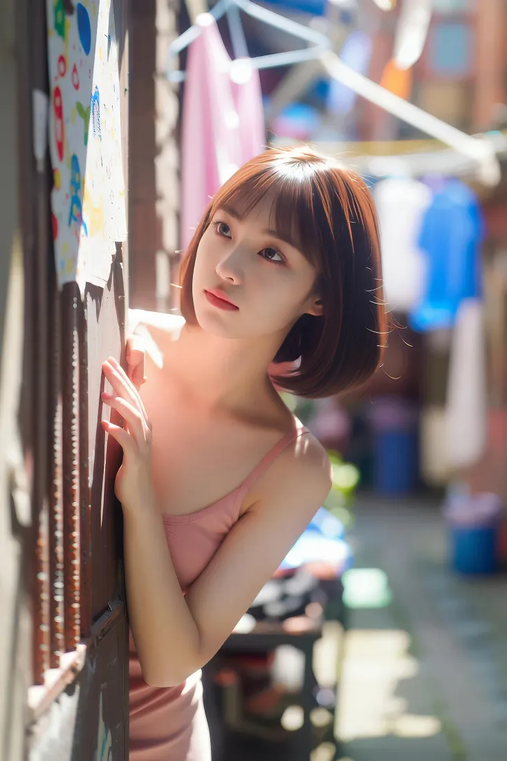 短发粉裙美女手机壁纸｜巷弄街拍背景图片 - 温柔逆光人像「哲风壁纸」